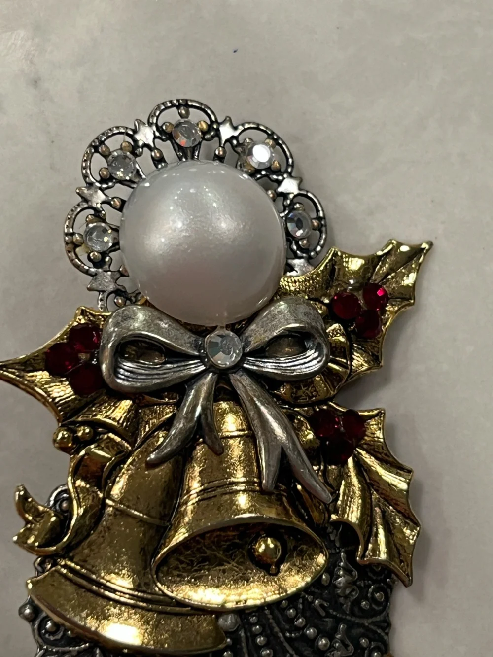 Vintage Festive Gold and faux Pearl Holiday angel and bell Brooch